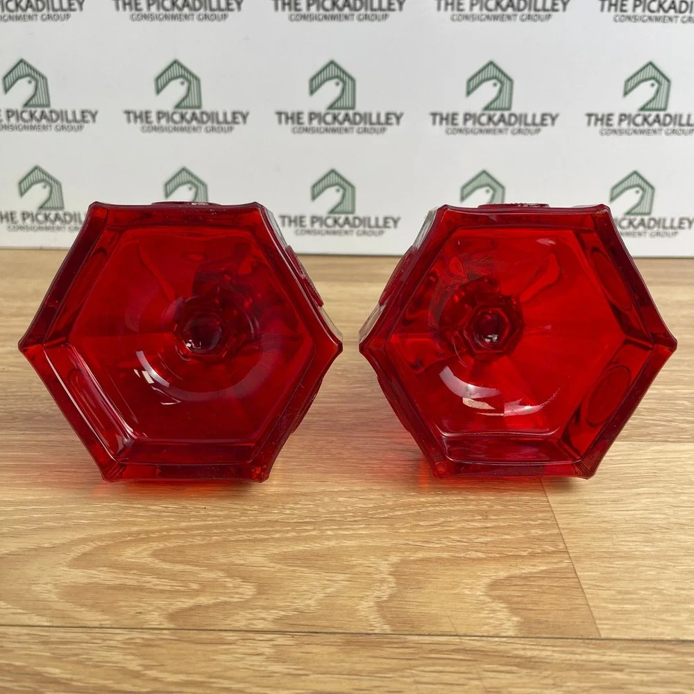 Vintage Ruby Red Glass Coin Candlestick Holders Hexagon Liberty Bell Set of 2